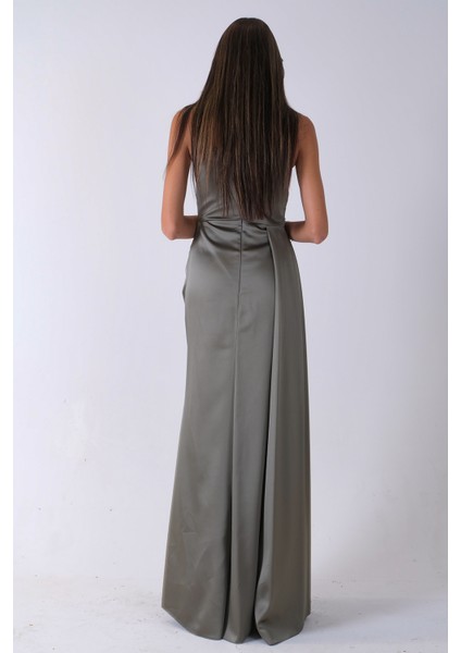 Haki Gümüş Askı Detaylı Yırtmaçlı Straplez Abiye 0801023.23 indirimleri