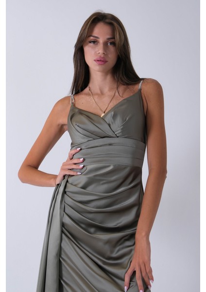 Haki Gümüş Askı Detaylı Yırtmaçlı Straplez Abiye 0801023.23