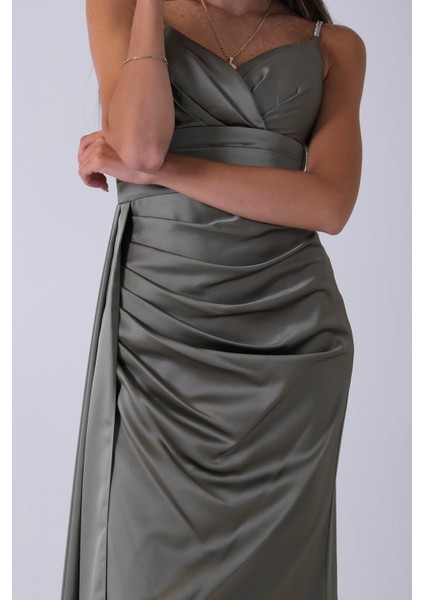 Haki Gümüş Askı Detaylı Yırtmaçlı Straplez Abiye 0801023.23