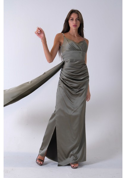 Haki Gümüş Askı Detaylı Yırtmaçlı Straplez Abiye 0801023.23