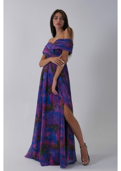 Mor Beli Çiçek Detaylı Desenli Şifon Abiye 0801102.03