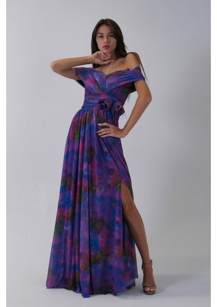 Mor Beli Çiçek Detaylı Desenli Şifon Abiye 0801102.03 fiyatları