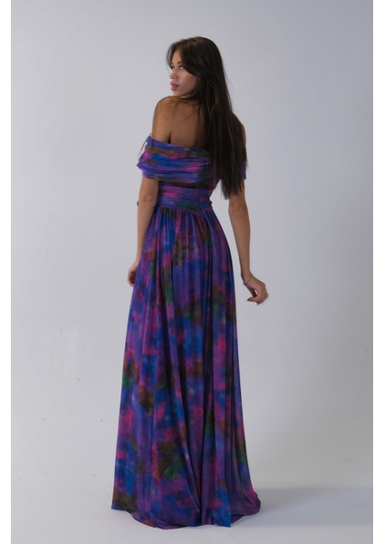 Mor Beli Çiçek Detaylı Desenli Şifon Abiye 0801102.03 modelleri