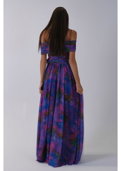 Mor Beli Çiçek Detaylı Desenli Şifon Abiye 0801102.03 fırsatları