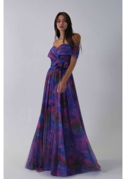 Mor Beli Çiçek Detaylı Desenli Şifon Abiye 0801102.03 indirimleri