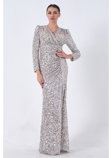 Bej Pul Payetli Drapeli Önü Yırtmaçlı Abiye 9705393.55 fiyatları