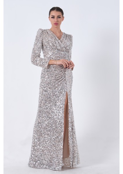 Bej Pul Payetli Drapeli Önü Yırtmaçlı Abiye 9705393.55 modelleri