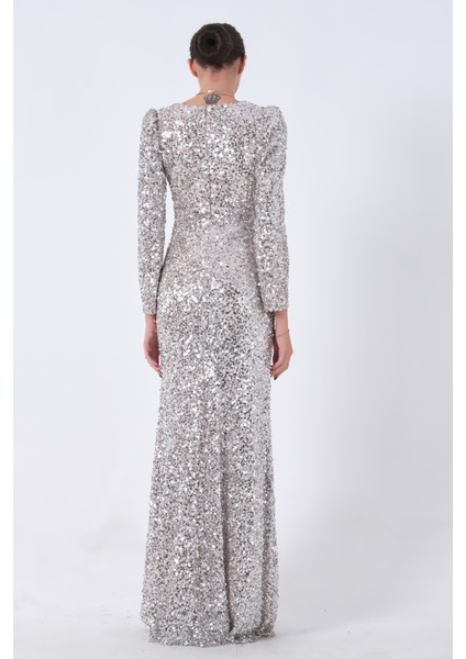 Bej Pul Payetli Drapeli Önü Yırtmaçlı Abiye 9705393.55