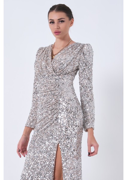 Bej Pul Payetli Drapeli Önü Yırtmaçlı Abiye 9705393.55