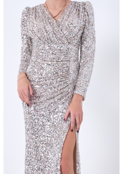 Bej Pul Payetli Drapeli Önü Yırtmaçlı Abiye 9705393.55