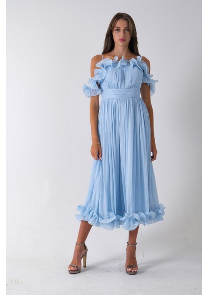 Bebe Mavi Göğüs ve Etek Ucu Çiçek Detaylı Abiye Elbise 9705622.449