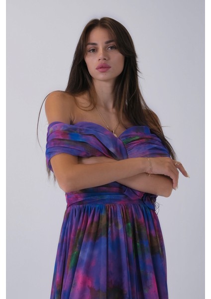 Mor Beli Çiçek Detaylı Desenli Şifon Abiye 0801102.03