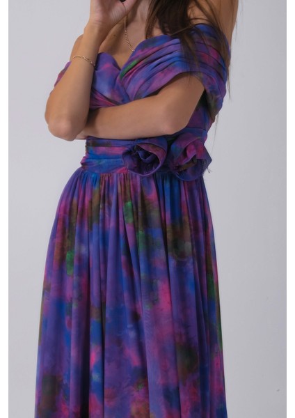 Mor Beli Çiçek Detaylı Desenli Şifon Abiye 0801102.03