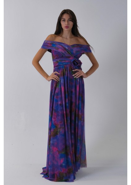 Mor Beli Çiçek Detaylı Desenli Şifon Abiye 0801102.03