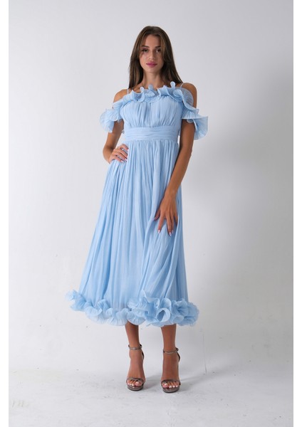 Bebe Mavi Göğüs ve Etek Ucu Çiçek Detaylı Abiye Elbise 9705622.449