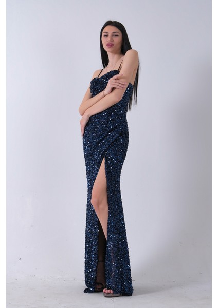 Lacivert Drapeli Parlak Pul Payetli Askılı Abiye 9705539.02