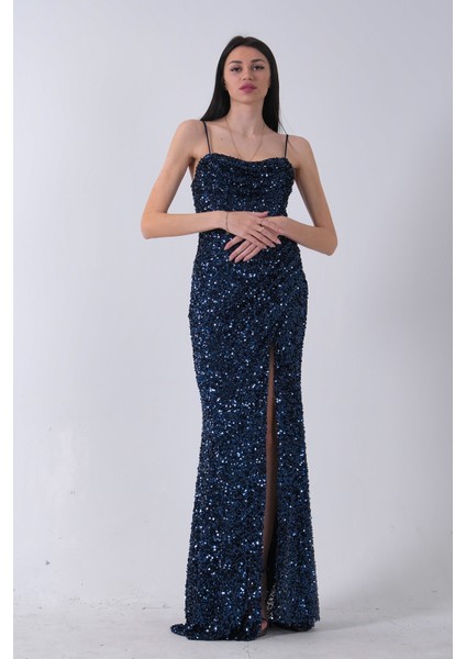 Lacivert Drapeli Parlak Pul Payetli Askılı Abiye 9705539.02 fırsatları