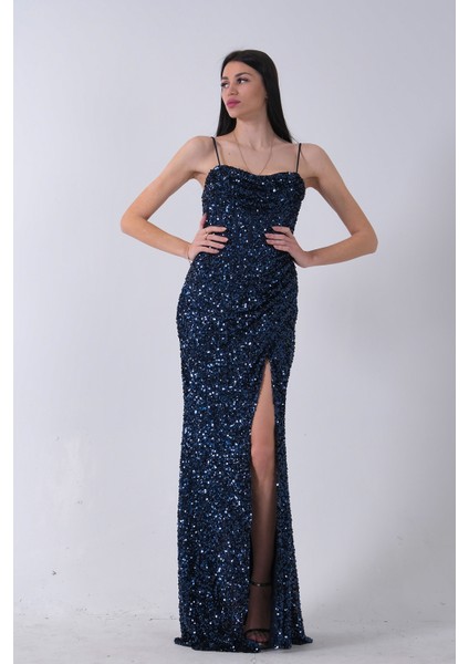 Lacivert Drapeli Parlak Pul Payetli Askılı Abiye 9705539.02 indirimleri