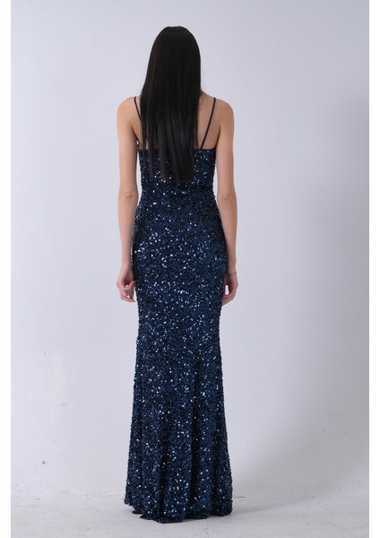 Lacivert Drapeli Parlak Pul Payetli Askılı Abiye 9705539.02