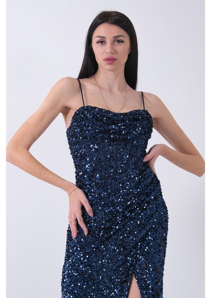 Lacivert Drapeli Parlak Pul Payetli Askılı Abiye 9705539.02