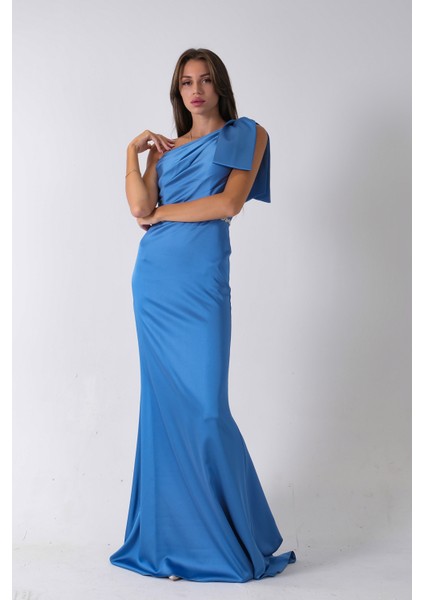 Indigo Tek Omuz Drapeli Taş Detaylı Abiye 0801009.98