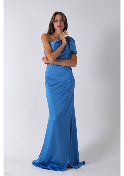 Indigo Tek Omuz Drapeli Taş Detaylı Abiye 0801009.98 fiyatları