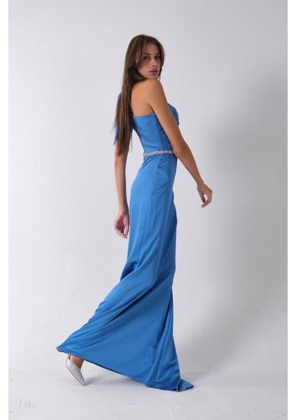 Indigo Tek Omuz Drapeli Taş Detaylı Abiye 0801009.98