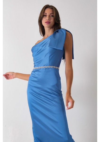 Indigo Tek Omuz Drapeli Taş Detaylı Abiye 0801009.98