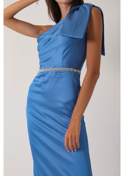 Indigo Tek Omuz Drapeli Taş Detaylı Abiye 0801009.98