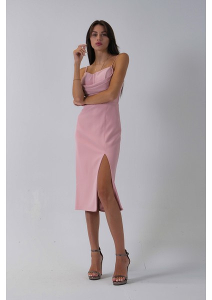 Pudra Ip Askılı Yırtmaç Detaylı Midi Boy Abiye 0801078.79