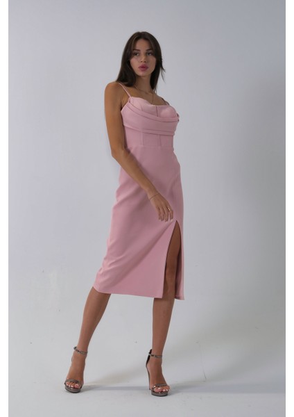 Pudra Ip Askılı Yırtmaç Detaylı Midi Boy Abiye 0801078.79