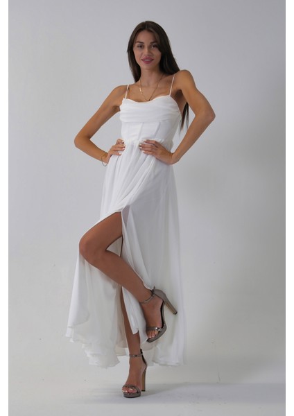 Beyaz Askılı Drapeli Uzun Şifon Abiye 08020032.15