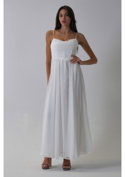 Beyaz Askılı Drapeli Uzun Şifon Abiye 08020032.15 fiyatları