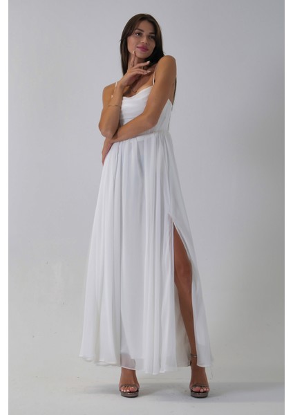 Beyaz Askılı Drapeli Uzun Şifon Abiye 08020032.15 modelleri