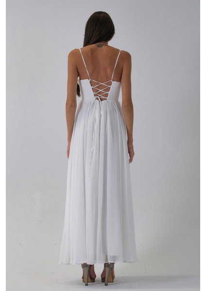 Beyaz Askılı Drapeli Uzun Şifon Abiye 08020032.15 indirimleri