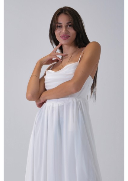 Beyaz Askılı Drapeli Uzun Şifon Abiye 08020032.15