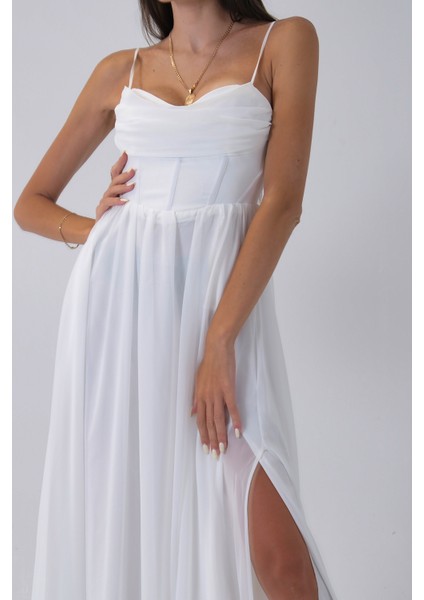 Beyaz Askılı Drapeli Uzun Şifon Abiye 08020032.15