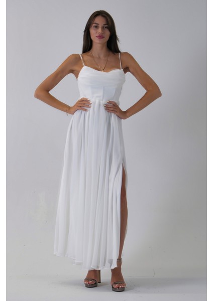 Beyaz Askılı Drapeli Uzun Şifon Abiye 08020032.15