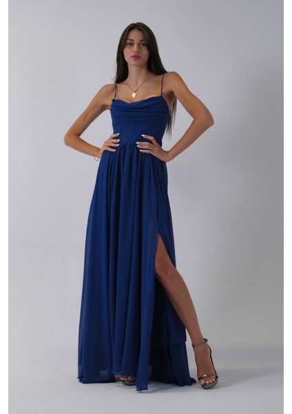 Saks Askılı Drapeli Uzun Şifon Abiye 08020032.26