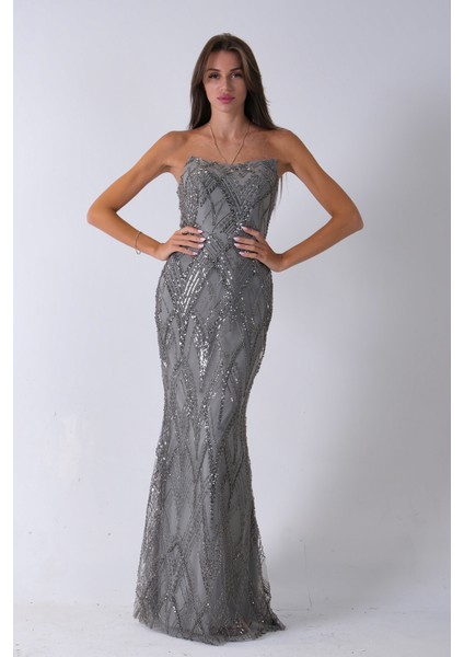 Çağla Üzeri Taş Işlemeli Sırt Bağlamalı Straplez Abiye 9705498.332