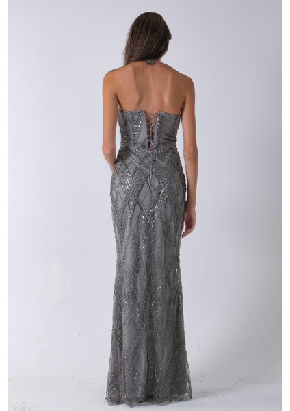 Çağla Üzeri Taş Işlemeli Sırt Bağlamalı Straplez Abiye 9705498.332