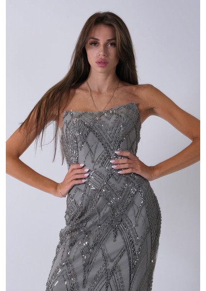 Çağla Üzeri Taş Işlemeli Sırt Bağlamalı Straplez Abiye 9705498.332