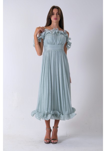 Mint Göğüs ve Etek Ucu Çiçek Detaylı Abiye Elbise 9705622.27