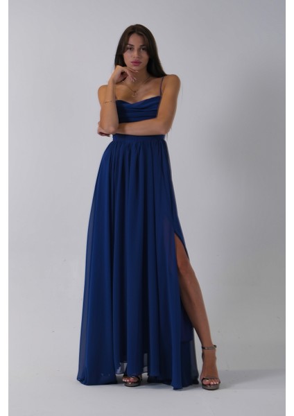 Saks Askılı Drapeli Uzun Şifon Abiye 08020032.26 fiyatları