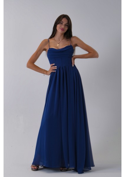 Saks Askılı Drapeli Uzun Şifon Abiye 08020032.26 modelleri