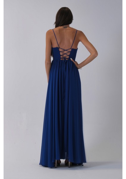 Saks Askılı Drapeli Uzun Şifon Abiye 08020032.26