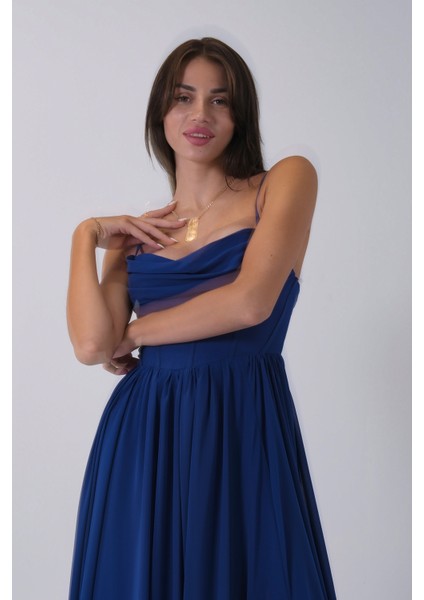 Saks Askılı Drapeli Uzun Şifon Abiye 08020032.26