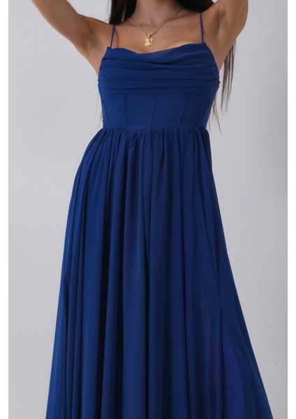 Saks Askılı Drapeli Uzun Şifon Abiye 08020032.26