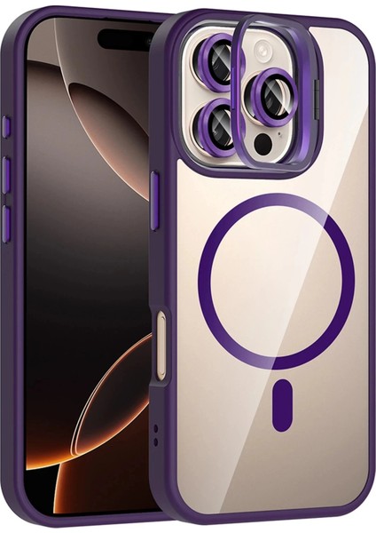 Apple iPhone 16 Pro Max Remim Lensli Magsafe Standlı Kapak - Derin MOR-(5796)