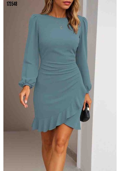 Kadın Uzun Kollu Bisiklet Yaka Önden Volanlı Ithal Krep Elbise, Kırmızı Gül Figürlü Kolye Hediye